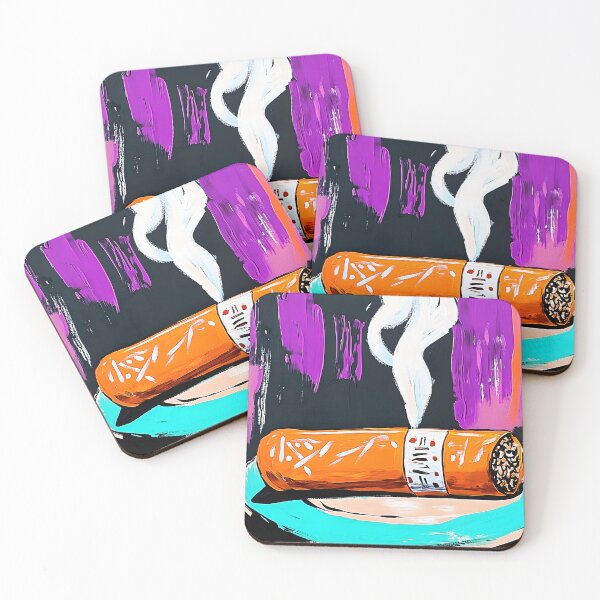 Item preview, Stylized Cigar on Turquoise Plate with Curling Smoke Against a Bold Purple and Black Background designed and sold by OlfactoART Studio.