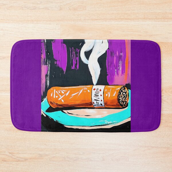 Item preview, Stylized Cigar on Turquoise Plate with Curling Smoke Against a Bold Purple and Black Background designed and sold by OlfactoART Studio.