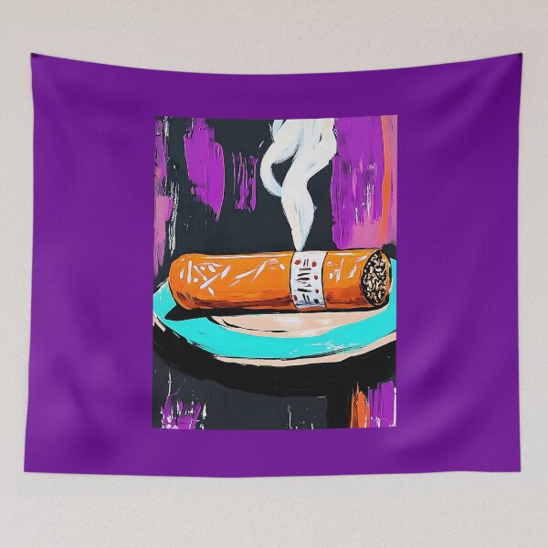 Item preview, Stylized Cigar on Turquoise Plate with Curling Smoke Against a Bold Purple and Black Background designed and sold by OlfactoART Studio.