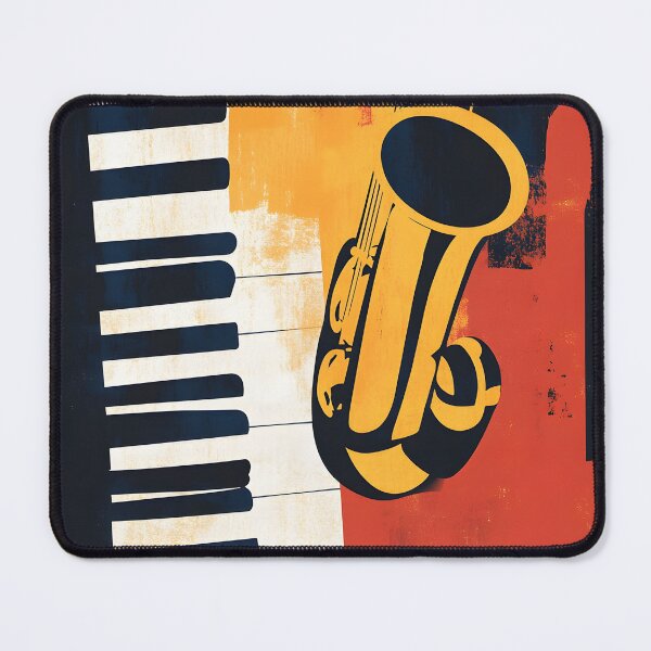 Item preview, Stylized Saxophone and Piano Keyboard Against a Vibrant Yellow and Orange Background Generative AI designed and sold by OlfactoART Studio.