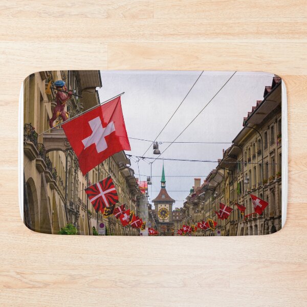 Item preview, Beautiful Old Main City Street with Old Building and Flags in a Rainy Day in City of Bern designed and sold by Mats Silvan.