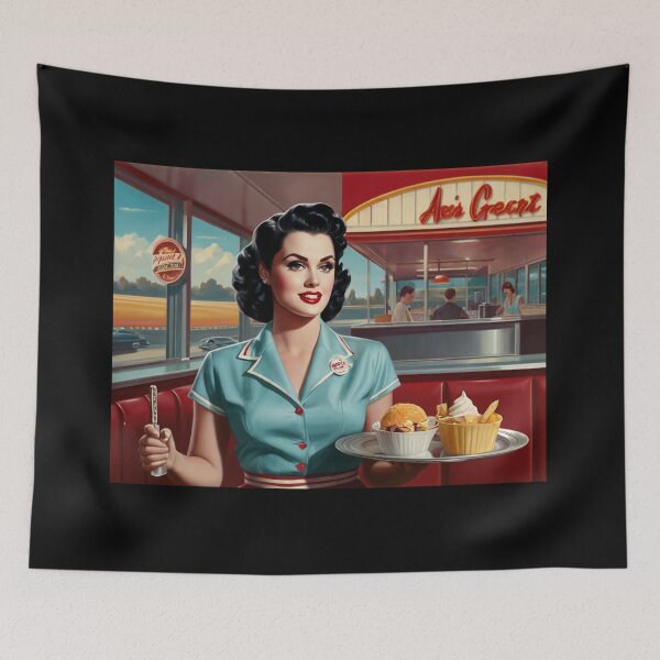 Item preview, Beautiful server in an American Diner vintage pinup advertising style art designed and sold by Vintage Designs +.