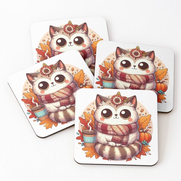 Item preview, cute owl-cat autumn scarf, surrounded by pumpkin and leaves designed and sold by BigBlueArt.