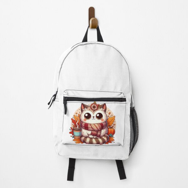 Item preview, cute owl-cat autumn scarf, surrounded by pumpkin and leaves designed and sold by BigBlueArt.