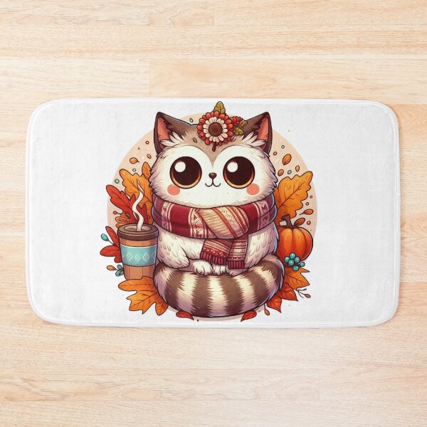 Item preview, cute owl-cat autumn scarf, surrounded by pumpkin and leaves designed and sold by BigBlueArt.