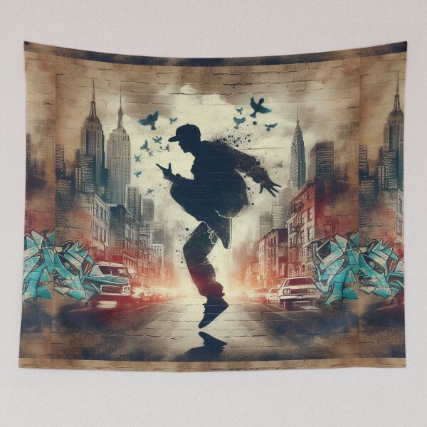 Item preview, B-boy silhouette graffiti-filled cityscape. designed and sold by Nanthanon.