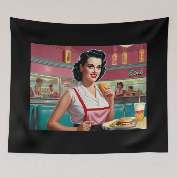 Item preview, Beautiful server in an American Diner vintage pinup advertising style art designed and sold by Vintage Designs +.