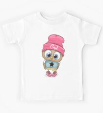 Cute Owl Girl in a pink hat Kids Tee