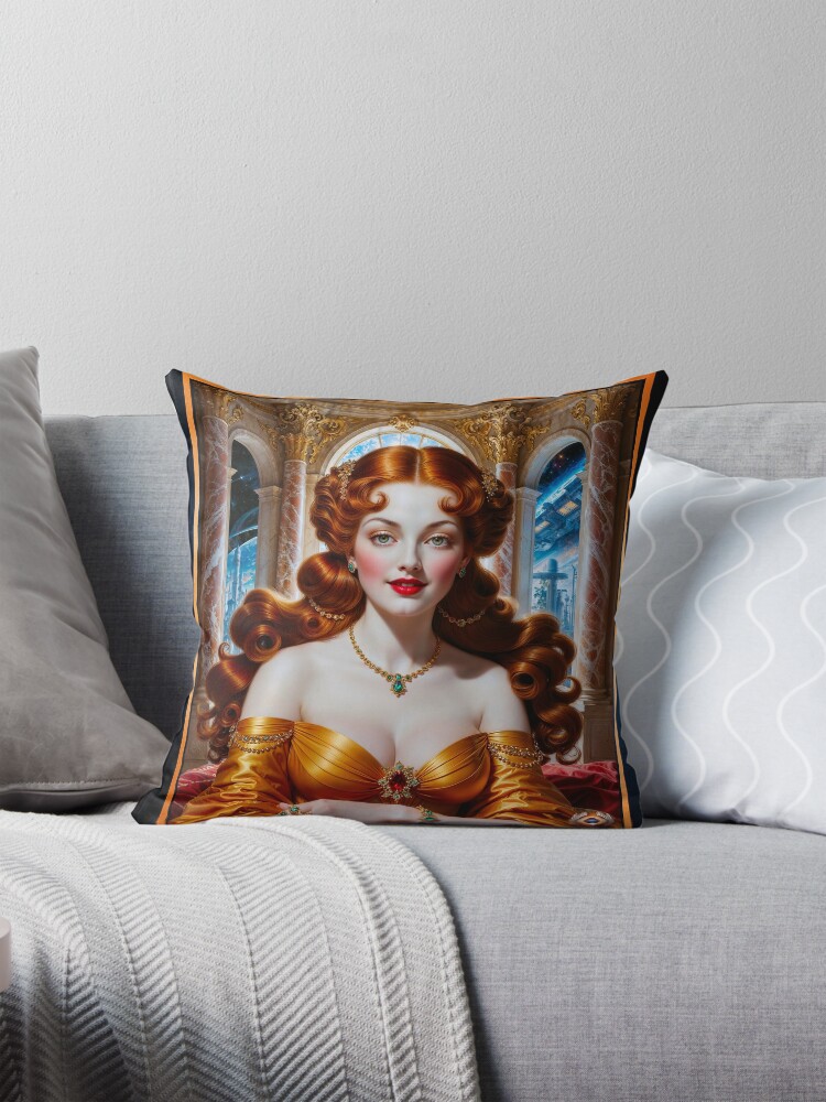 A Regal Redhead In A Gold Dress Amid Opulent Palace With Sci-Fi Backdrop AI Concept Art by Xzendor7 | Her Beauty Is Timeless 4 A Regal Redhead In A Gold Dress Amid Opulent Palace With Sci-Fi Backdrop Captivating AI Concept Art by Xzendor7 Decorative Art Print Throw Pillow