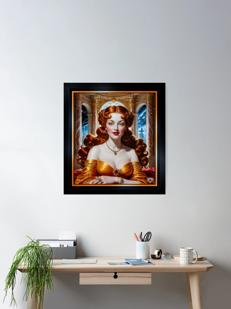 A Regal Redhead In A Gold Dress Amid Opulent Palace With Sci-Fi Backdrop AI Concept Art by Xzendor7 | Her Beauty Is Timeless 2 A Regal Redhead In A Gold Dress Amid Opulent Palace With Sci-Fi Backdrop Captivating AI Concept Art by Xzendor7 Wall Decor Poster Art Print