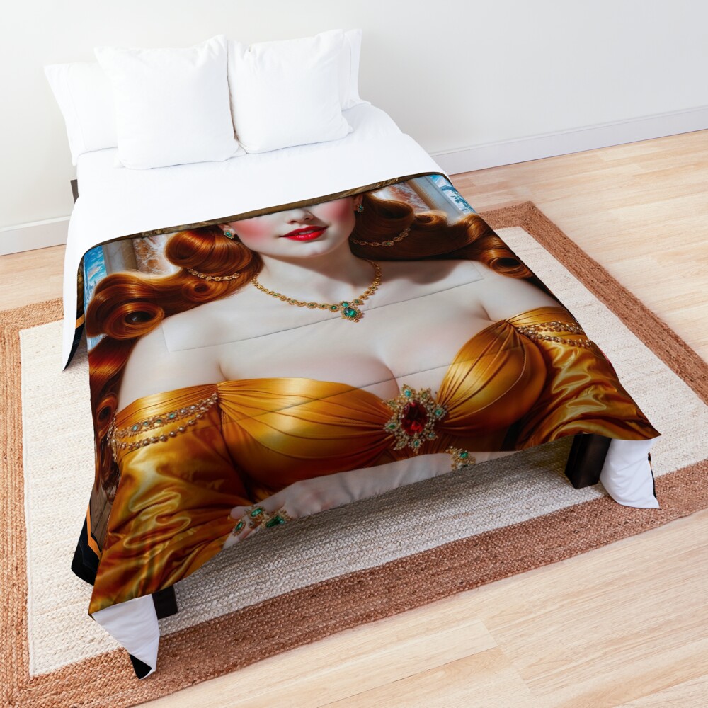 A Regal Redhead In A Gold Dress Amid Opulent Palace With Sci-Fi Backdrop AI Concept Art by Xzendor7 | Her Beauty Is Timeless 3 A Regal Redhead In A Gold Dress Amid Opulent Palace With Sci-Fi Backdrop Captivating AI Concept Art by Xzendor7 Decorative Art Print Comforter