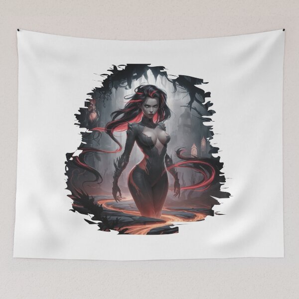 Item preview, strong and enigmatic female protagonist with neon black-red hair designed and sold by JonathanP514.