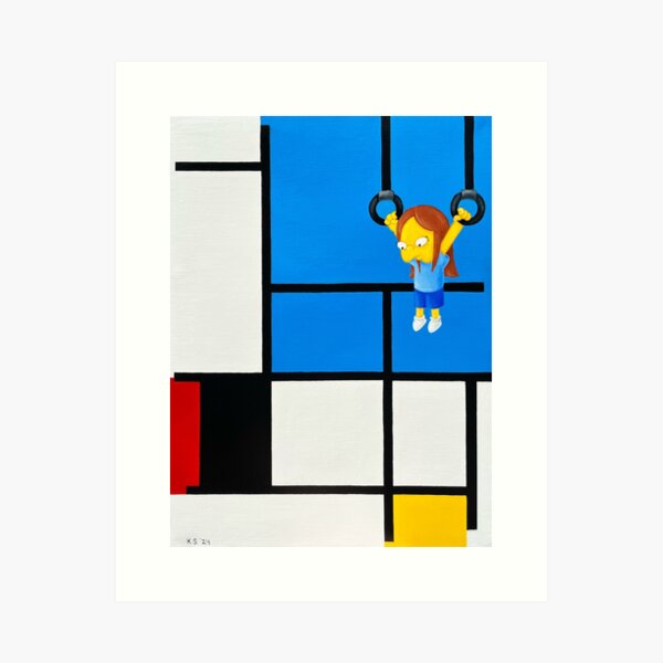 Aperçu de l'œuvre Beaux-Arts Simpsons - J'aimerais descendre maintenant (avec mes excuses à Piet Mondrian) créée et vendue par fineartsimpsons.