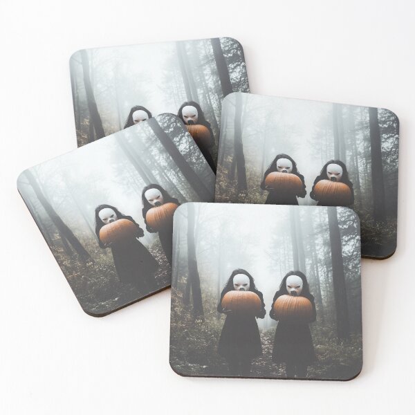 Item preview, Masked Figures Holding Pumpkins in a Foggy Forest designed and sold by landletsy.