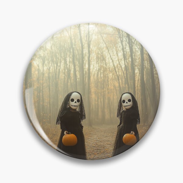 Item preview, Skeleton Figures with Pumpkins in a Misty Forest Path designed and sold by landletsy.