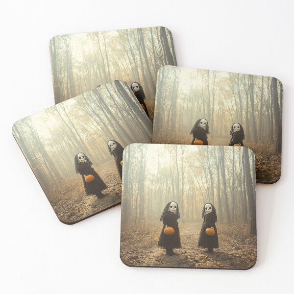 Item preview, Skeleton Figures with Pumpkins in a Misty Forest Path designed and sold by landletsy.