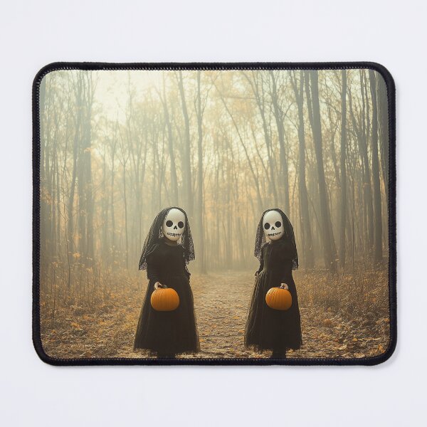 Item preview, Skeleton Figures with Pumpkins in a Misty Forest Path designed and sold by landletsy.