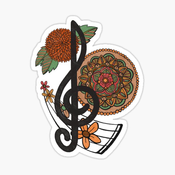 Treble Clef Floral Mandala Orange, Red, Green, Tan Sticker
