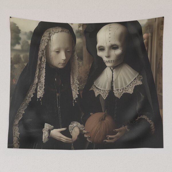 Item preview, Victorian Mourning Figures with Skeleton Holding a Pumpkin designed and sold by landletsy.