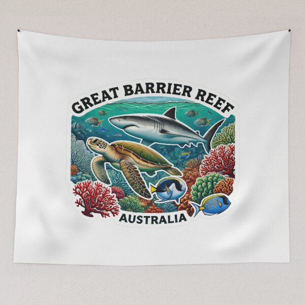 Item preview, Vintage Minimal Retro Travel Poster Great Barrier Reef Australia with Turtle, Shark and Fish designed and sold by pod24.