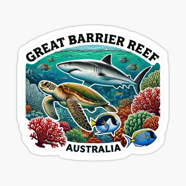 Item preview, Vintage Minimal Retro Travel Poster Great Barrier Reef Australia with Turtle, Shark and Fish designed and sold by pod24.