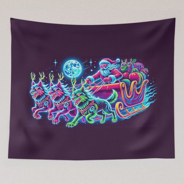 Item preview, Neon Santa and wolves pulling a sleigh designed and sold by Meandmyshop.