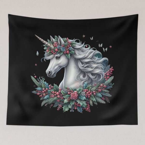 Item preview, Athena, Silver Unicorn Horse with Wreath of Roses and Holly designed and sold by bonnieleigh6902.
