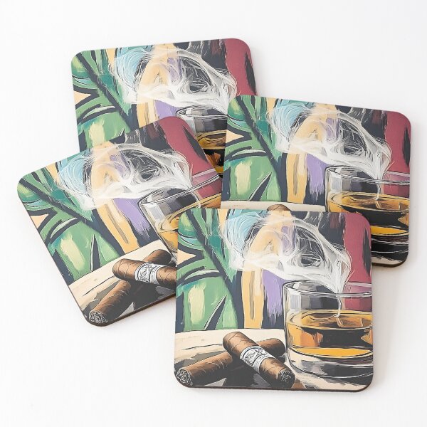 Item preview, Whisky Set Against Vibrant Abstract Background with Two Cigars Suggesting Relaxation and Indulgence designed and sold by OlfactoART Studio.