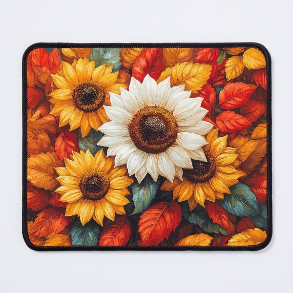 Item preview,  a cluster of sunflowers surrounded by a profusion of autumn leaves. designed and sold by HEMRO.