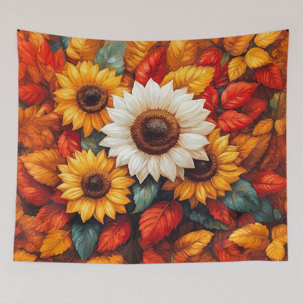 Item preview,  a cluster of sunflowers surrounded by a profusion of autumn leaves. designed and sold by HEMRO.