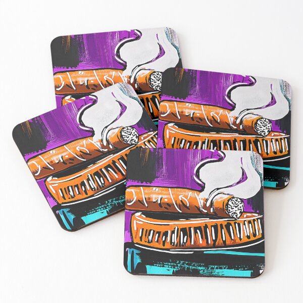 Item preview, Large Smoking Cigar on Orange Ashtray with Vibrant Purple and Teal Background in Dynamic Composition designed and sold by OlfactoART Studio.