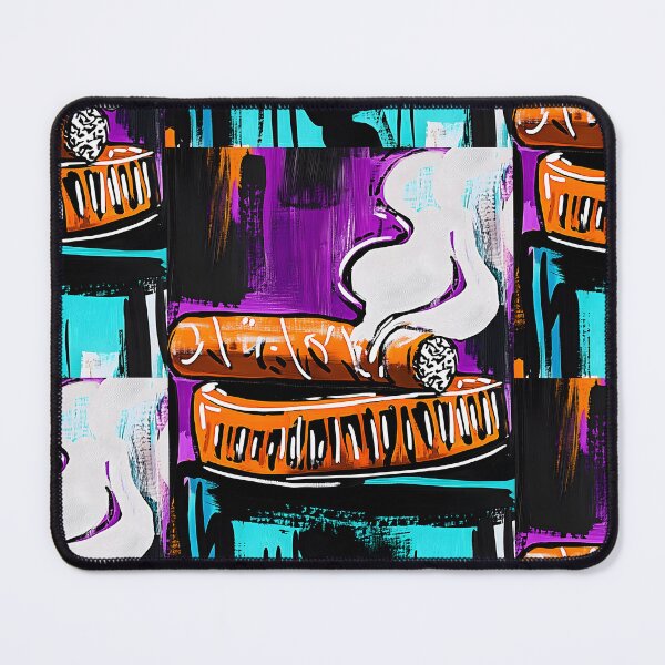 Item preview, Large Smoking Cigar on Orange Ashtray with Vibrant Purple and Teal Background in Dynamic Composition designed and sold by OlfactoART Studio.