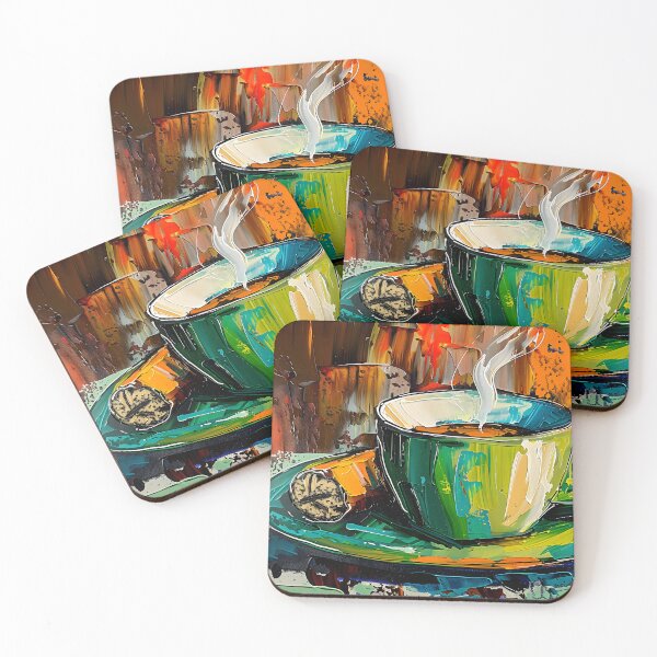Item preview, Vibrant Steaming Coffee Cup in Green Mug Next to a Cuban Cigar with Abstract Orange and Brown Background Digital Art designed and sold by OlfactoART Studio.