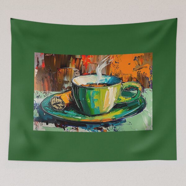 Item preview, Vibrant Steaming Coffee Cup in Green Mug Next to a Cuban Cigar with Abstract Orange and Brown Background Digital Art designed and sold by OlfactoART Studio.