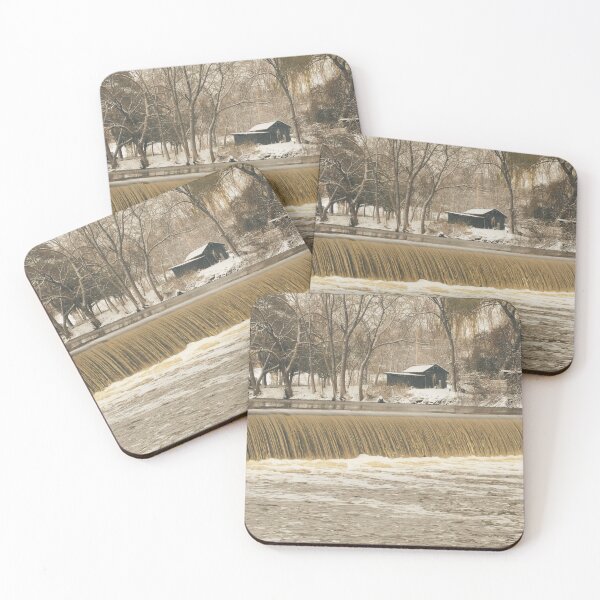 Item preview, Sepia-Toned Rustic Barn and River Dam in Winter designed and sold by CountyKent.