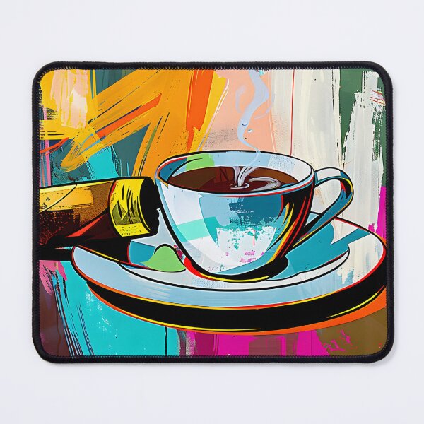 Artikelvorschau, Dampfende Tasse Kaffee auf Untertasse mit Zigarre, umgeben von lebendigen abstrakten Farben Generative AI entworfen und verkauft von OlfactoART Studio.