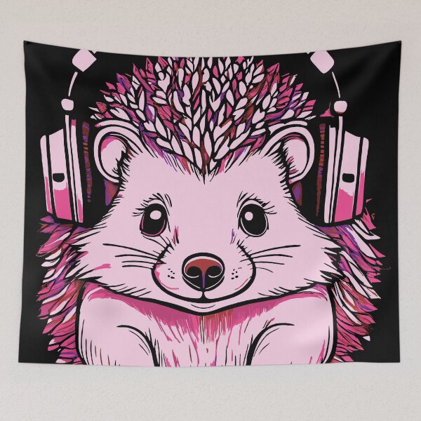 Item preview, A cute little hedgehog in headphones, autumn graphics, black outline, pink elements. designed and sold by My-fake-places.