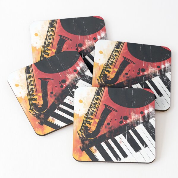 Item preview, Enjoy the Melody- Vibrant Saxophone and Piano in Dynamic Red and Yellow Background Generative AI designed and sold by OlfactoART Studio.