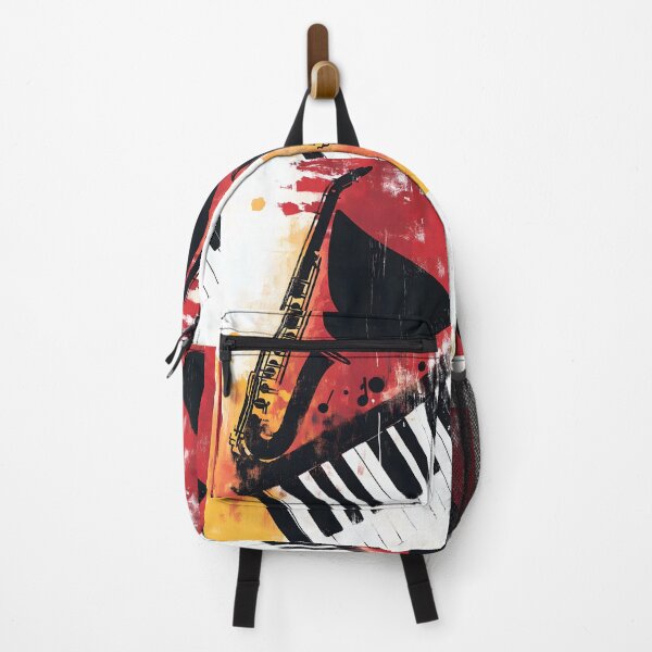 Item preview, Enjoy the Melody- Vibrant Saxophone and Piano in Dynamic Red and Yellow Background Generative AI designed and sold by OlfactoART Studio.
