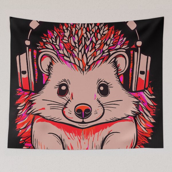 Item preview, A cute little hedgehog in headphones, autumn graphics, black outline, pink elements. designed and sold by My-fake-places.
