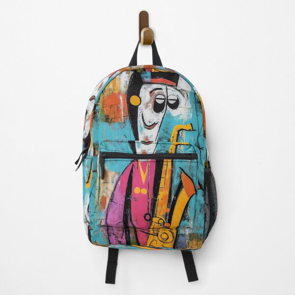 Item preview, Whimsical Character Playing Saxophone Surrounded by Vibrant Colors and Abstract Shapes designed and sold by OlfactoART Studio.
