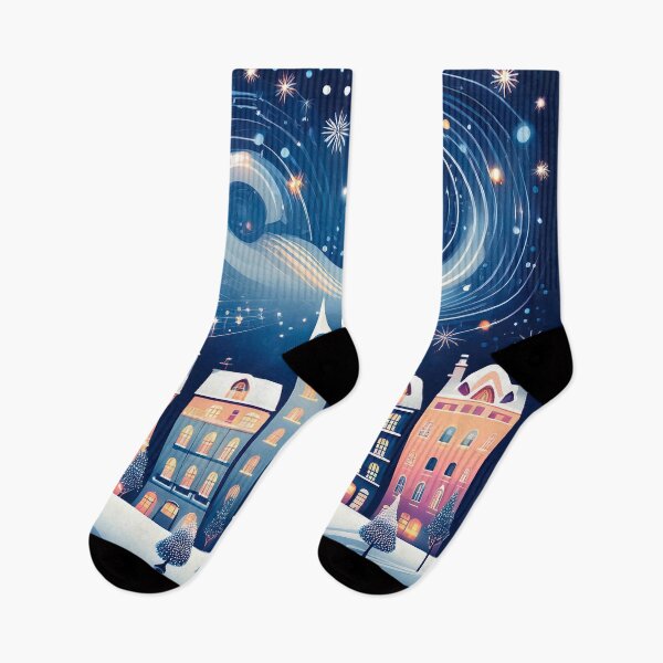 Item preview, a quaint city covered in a blanket of snow, with a vibrant night sky as its backdrop.  designed and sold by HEMRO.