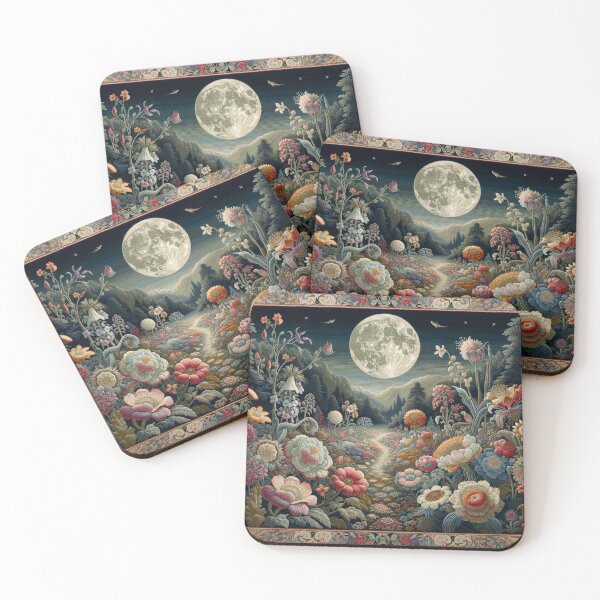Item preview, Nocturnal garden Victorian-themed rug art, vibrant colorful night-time botanical flower garden.  designed and sold by DrewRomeoCo.