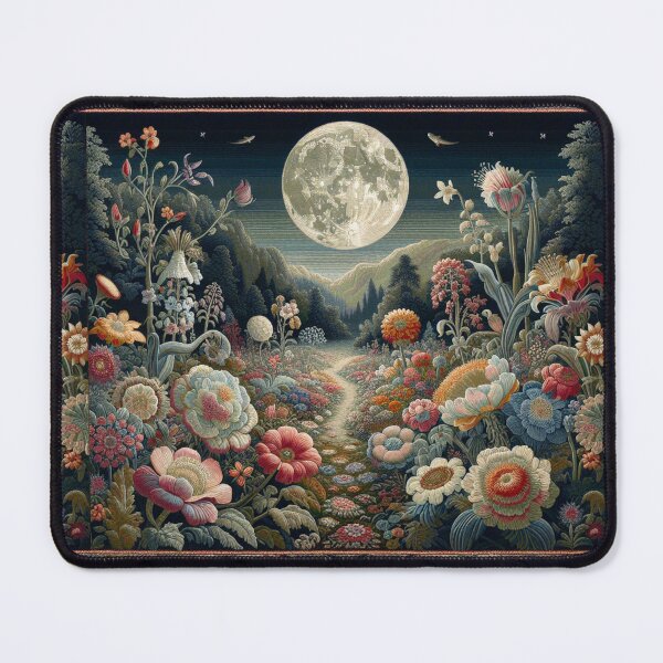Item preview, Nocturnal garden Victorian-themed rug art, vibrant colorful night-time botanical flower garden.  designed and sold by DrewRomeoCo.