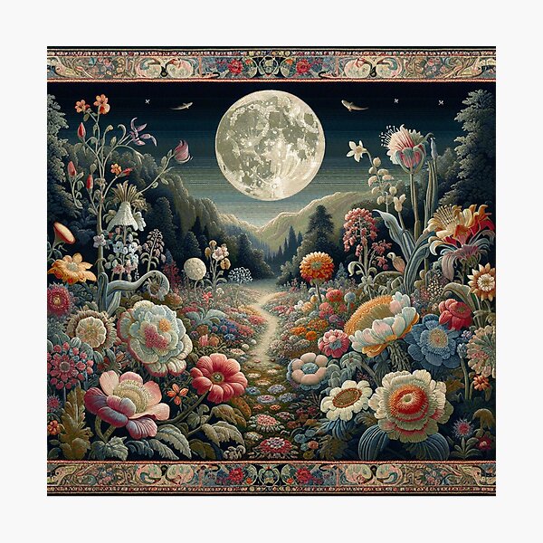 Item preview, Nocturnal garden Victorian-themed rug art, vibrant colorful night-time botanical flower garden.  designed and sold by DrewRomeoCo.