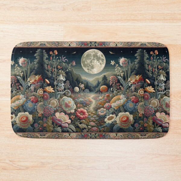Item preview, Nocturnal garden Victorian-themed rug art, vibrant colorful night-time botanical flower garden.  designed and sold by DrewRomeoCo.