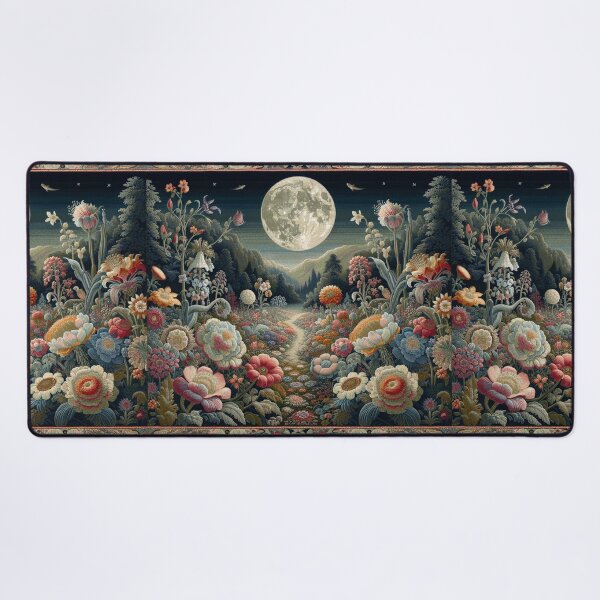 Item preview, Nocturnal garden Victorian-themed rug art, vibrant colorful night-time botanical flower garden.  designed and sold by DrewRomeoCo.