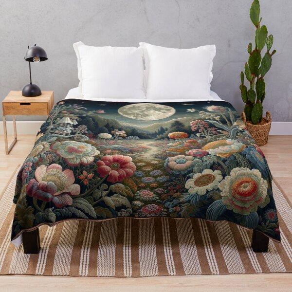 Item preview, Nocturnal garden Victorian-themed rug art, vibrant colorful night-time botanical flower garden.  designed and sold by DrewRomeoCo.