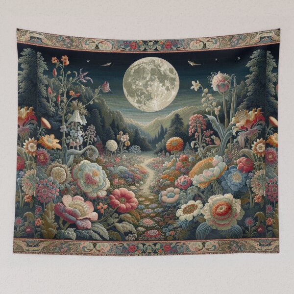 Item preview, Nocturnal garden Victorian-themed rug art, vibrant colorful night-time botanical flower garden.  designed and sold by DrewRomeoCo.