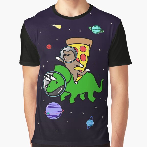 Cat And Pizza Riding Triceratops In Space Graphic T-Shirt